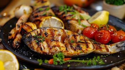 Seafood assorted grilled fish and seafood served