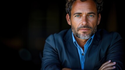 Obraz premium Confident Business Professional, a poised man in a tailored suit stands with folded arms, exuding authority and professionalism in a corporate environment.