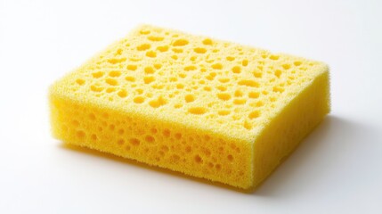 A bright yellow cleaning sponge isolated on a white background, ideal for household cleaning product advertisements or minimalist design concepts.
