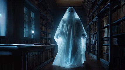 Ghost floating in an old, dimly lit library filled with books, creating a haunting and mysterious atmosphere. Perfect for Halloween, horror themes
