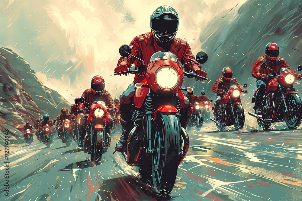 Wall mural a group of motorcyclists are riding down a wet road