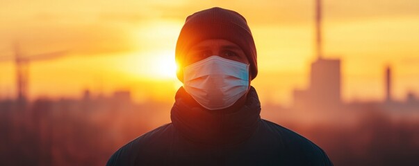 A person wearing a face mask stands against a vibrant sunset, illustrating the intersection of health and nature.