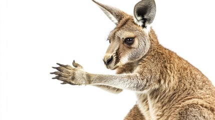 Fototapeta premium A kangaroo captured in a mid-punch pose on a white background, showcasing its strength and unique defensive behavior.
