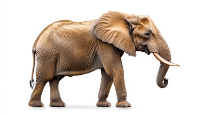 Obraz premium A majestic African elephant standing tall on a white background, with its trunk gently curled and tusks prominent, showcasing its strength and grace.