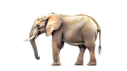Obraz premium A majestic African elephant standing tall on a white background, with its trunk gently curled and tusks prominent, showcasing its strength and grace.