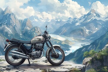 An illustration of a hand-drawn motorbike parked at a scenic overlook with a panoramic view of the  