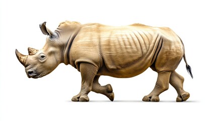 Obraz premium A rhinoceros mid-step on a white background, its muscular build and natural grace on display, ideal for wildlife-themed content.