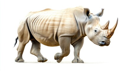 Obraz premium A rhinoceros mid-step on a white background, its muscular build and natural grace on display, ideal for wildlife-themed content.
