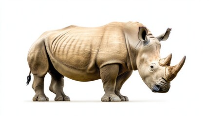 Obraz premium A rhinoceros with its head lowered, as if grazing, set against a clean white background, highlighting its gentle side.