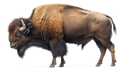 A side profile of a bison with its head down as if grazing, on a white background, showcasing its peaceful yet powerful demeanor.