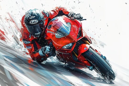 An illustration of a hand-drawn motorbike racer in full gear leaning into a sharp turn on a race track,  