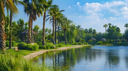 Obraz premium Oasissque with tall palm trees and green