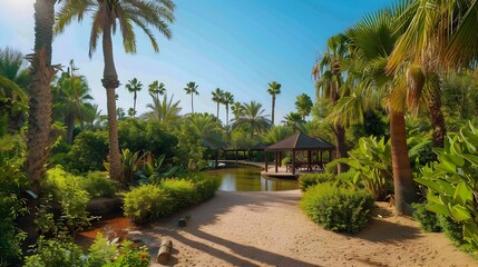 Fototapeta premium An idyllic oasis surrounded by tall palm trees img
