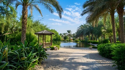 Fototapeta premium An idyllic oasis surrounded by tall palm trees