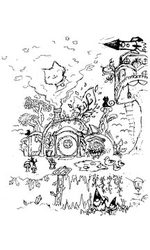 Vector Illustration of fabled hobit house with round door, surrounded by trees and gigantic mushrooms, duck in front, dwarves mining underground, portrait of kitty in smoke coming from chimney. 