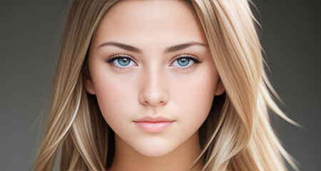 Fototapeta premium Young Woman with Long Blonde Hair and Blue Eyes, Frontal, Natural Light, Beauty Portrait
