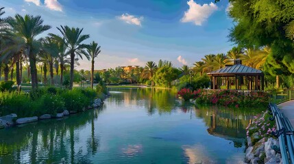 A romantic oasis surrounded by tall palm trees
