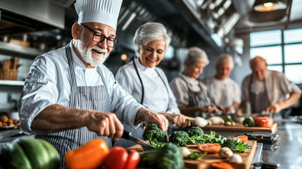 A group of seniors engaged in a cooking class, learning to prepare healthy gourmet meals.