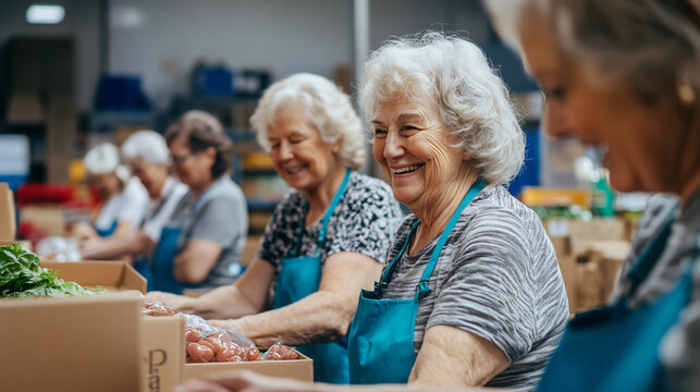 A group of senior women volunteering at a local food bank, packing boxes and sharing laughs.