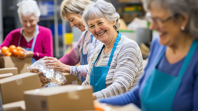 A group of senior women volunteering at a local food bank, packing boxes and sharing laughs.
