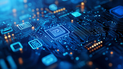 A digital blue circuit board surrounded by floating data icons on a blue bokeh background, representing AI-powered computing