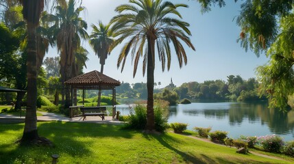 Obraz premium A calm oasis with spreading palm trees image