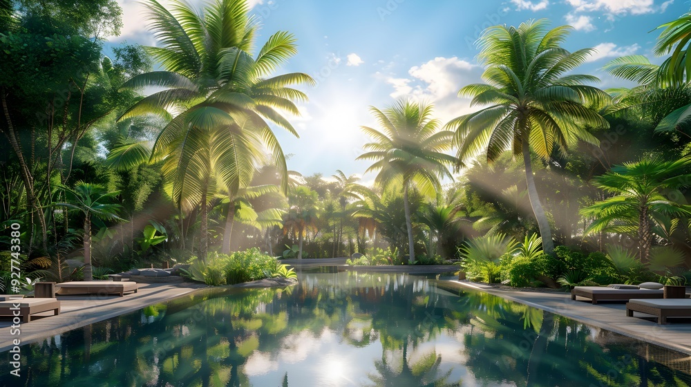 Wall mural a tropical oasis surrounded by tall palm trees image