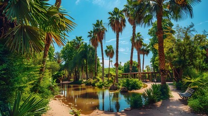 Obraz premium A quiet oasis surrounded by tall palm trees picture
