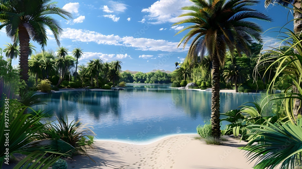 Canvas Prints an exotic oasis surrounded by tall palm trees picture