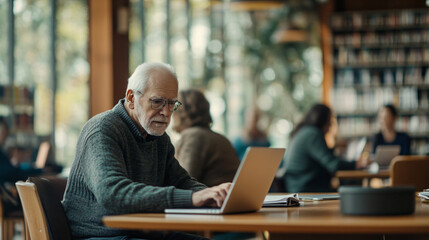 A senior man participating in a writing workshop, focused on typing his memoir on a laptop. 