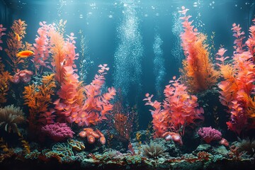 Fototapeta premium An underwater-themed bedroom with a wall aquarium and coral decor