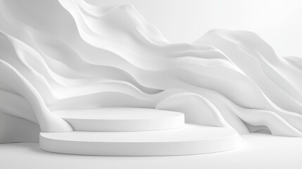 Elegant White Geometric Cascade Background, ideal for showcasing cosmetic products on a smooth resin podium, featuring flowing, cascading forms for a modern aesthetic.