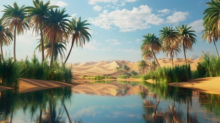 Obraz premium Picturesque oases surrounded by sands and dunes attract