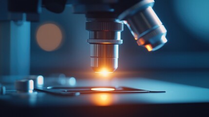 Close-up of a microscope focusing light on a glass slide, showcasing scientific research and discovery in a laboratory setting.