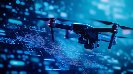 A high-tech blue AI-powered drone flying over a digital map on a blue bokeh background, symbolizing AI in aerial surveillance