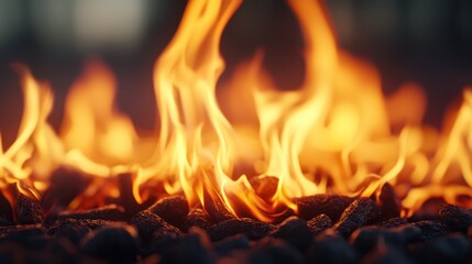 Close-up of vibrant flames dancing over dark charcoal, creating a warm and inviting atmosphere, perfect for cozy settings.