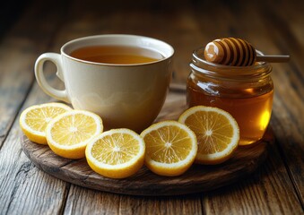 Hot cup of herbal tea with sliced lemons and honey in a jar on a rustic wooden board, perfect for a soothing and healthy drink