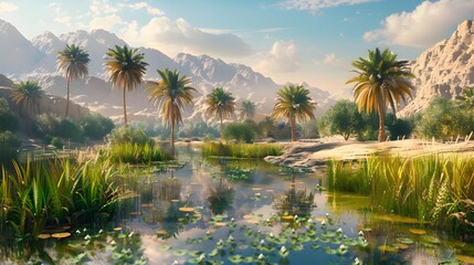 Obraz premium Beautiful oases surrounded by sandy landscapes represent unique image