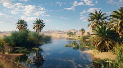 Beautiful oases surrounded by sandy landscapes represent unique img