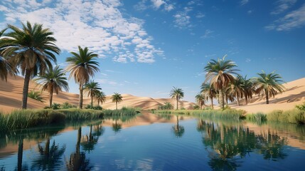 Obraz premium Green desert oases surrounded by sand dunes amaze