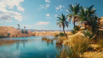 Green desert oases surrounded by sand dunes amaze