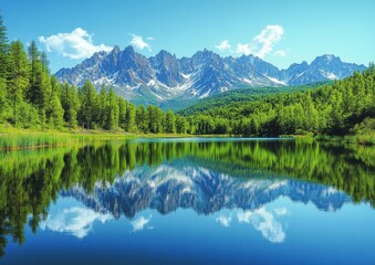 Majestic Mountain Range Reflected in Crystal Clear Lake Surrounded by Lush Green Forests Under a Bright Blue Sky