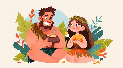 Naklejka premium Cute cartoon illustration of a friendly caveman and cavewoman sharing a meal in a prehistoric jungle setting.