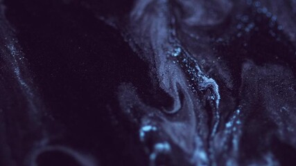 Shiny paint drip. Glitter fluid wave. Defocused black neon blue color sparkling shimmer grain particles acrylic mix ink leak liquid spill motion abstract art background. - Powered by Adobe