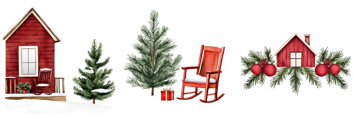 Charming winter scene featuring a red house, evergreen tree, rocking chair, and festive decorations for a cozy holiday atmosphere.