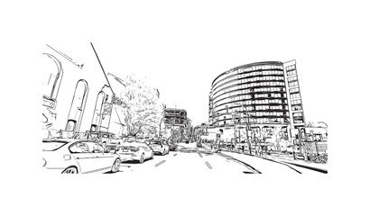 Print Building view with landmark of   Stanley is the capital in Falkland. Hand drawn sketch illustration in vector.