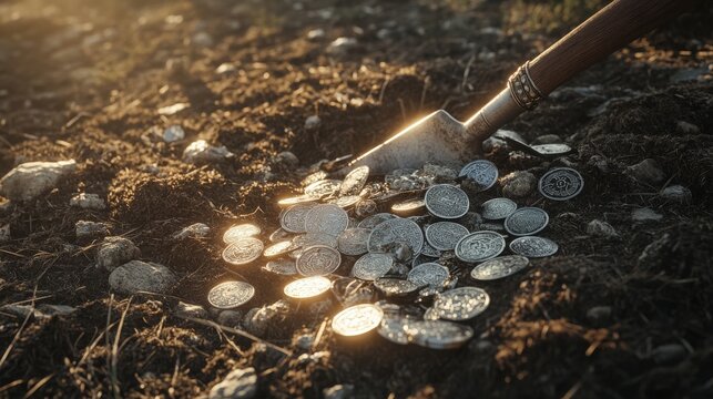 A treasure hunter uncovers a Viking hoard of silver coins while digging in the earth at dusk