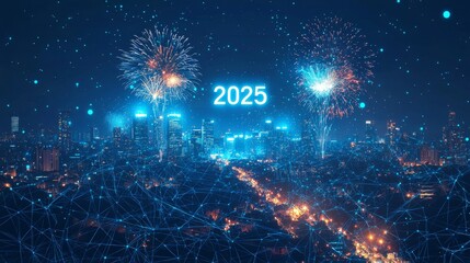 Futuristic cityscape with digital connections and fireworks celebrating the year 2025