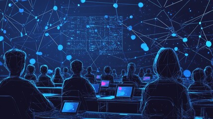 Modern wireframe classroom with students learning coding and technology concepts