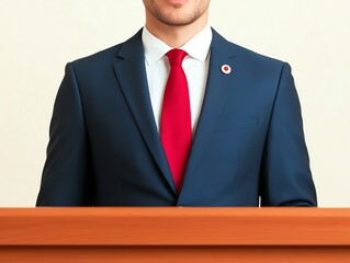Close-up of a businessman in a blue suit and red tie, seated at a wooden table.